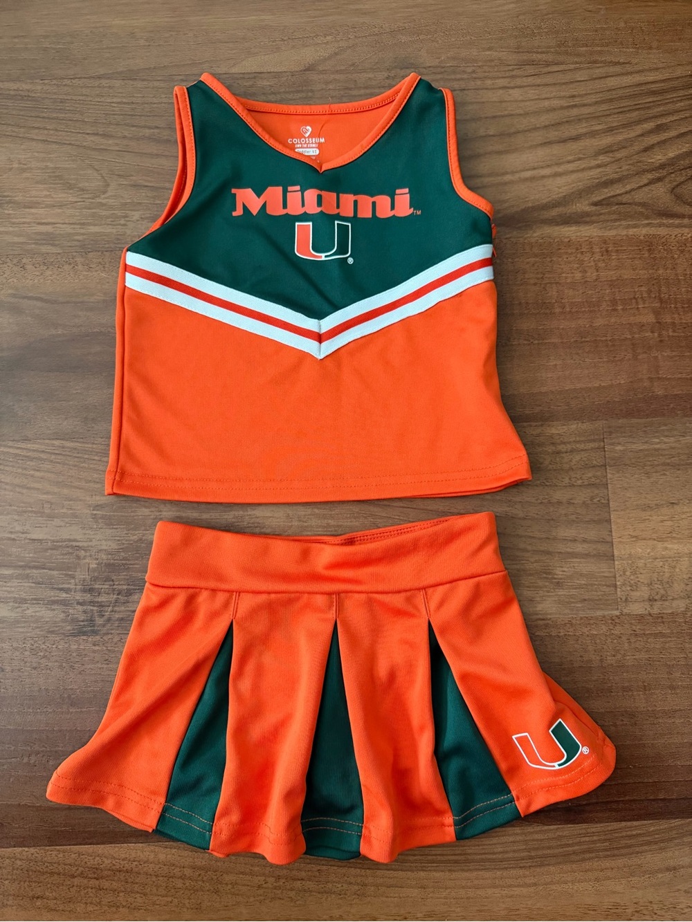 Miami Hurricanes Girls Orange & Green Cheer Top and Skirt Set, 4t